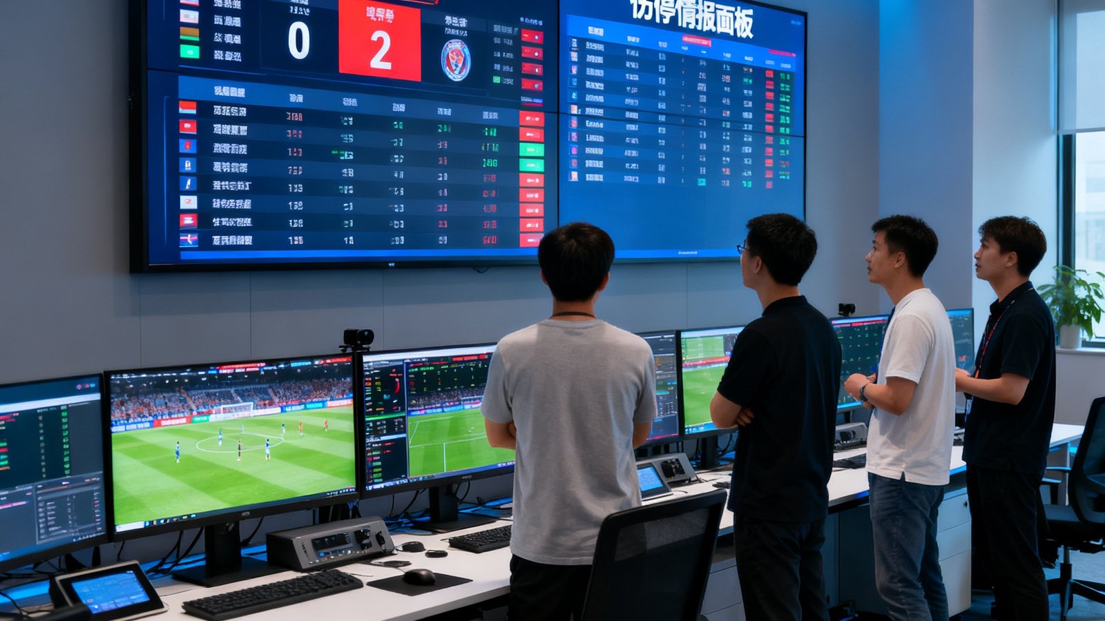 MK体育杭州总部办公室内景，技术团队正在多屏工作站前分析赛事数据，墙上大型屏幕显示实时比分与伤停情报面板