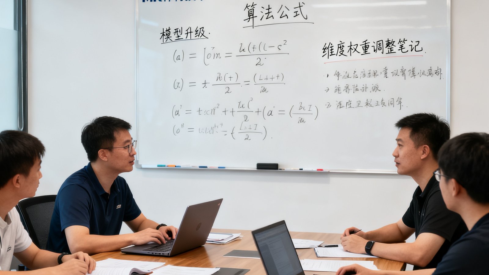 MK体育技术团队在会议室讨论模型升级方案，白板上写满算法公式和维度权重调整笔记